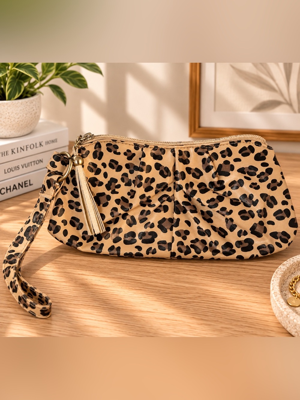 Leopard Print Pleated Wristlet Clutch with Tassel #1050